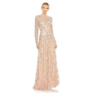 NWT Mac Duggal Embellished Illusion High Neck Long Sleeve A Line Blush Gown 16